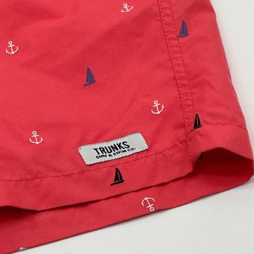 TRUNKS Surf & Swim Co. AnchoEmbroidered  Swim Trunks Men's M Red Drawstring Wais